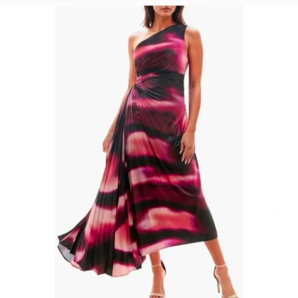 Womens One-Shoulder Pink & Black Pleated Midi Dress
